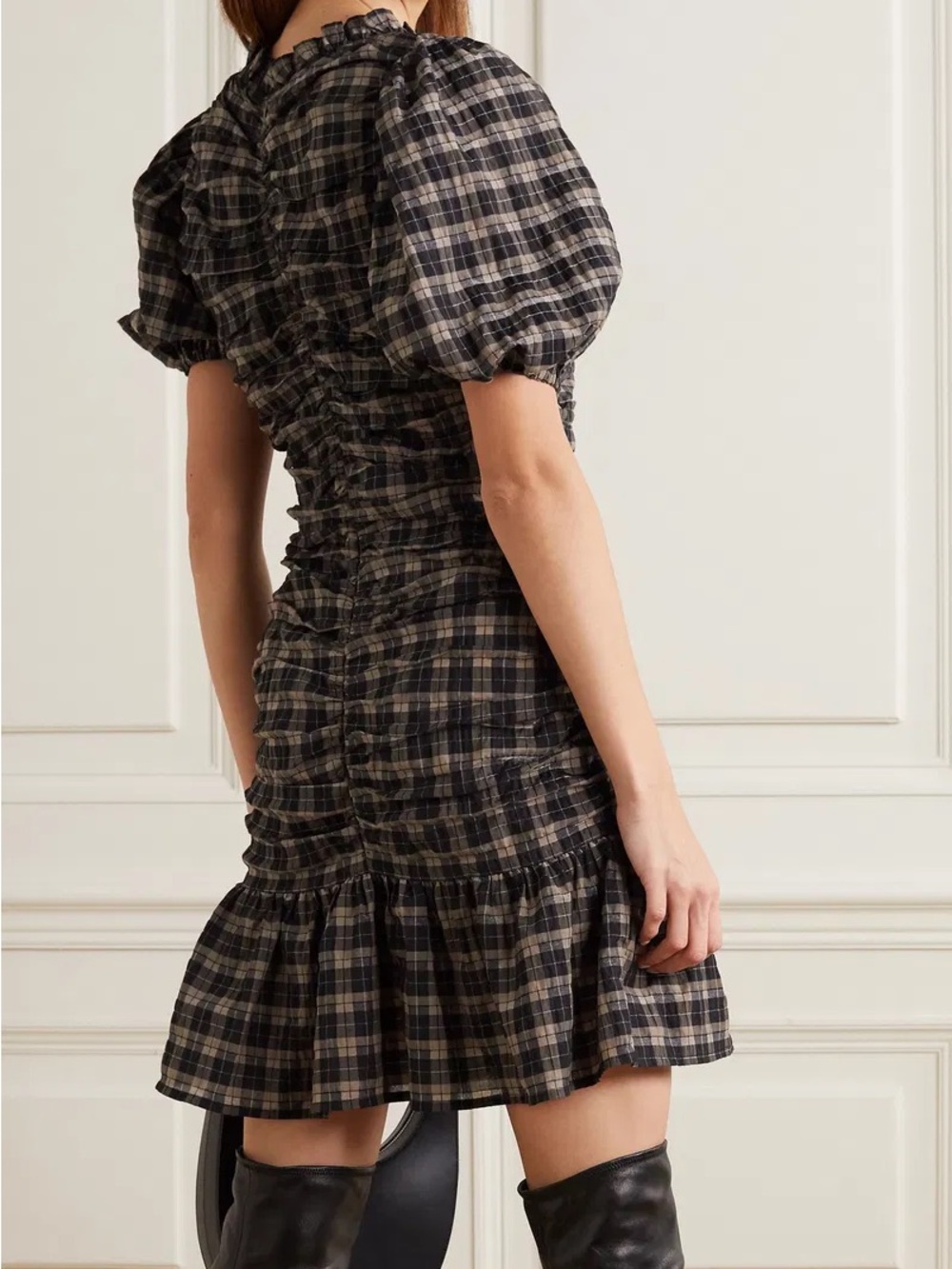Ganni Black and Gray Plaid Puff-Sleeve Mini Dress